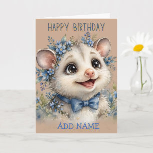 Male Oppossum: Baby Animal Pastel Bow BIRTHDAY Card