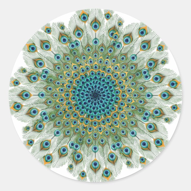 Male Peacock Colorful Mandala Classic Round Sticker (Front)