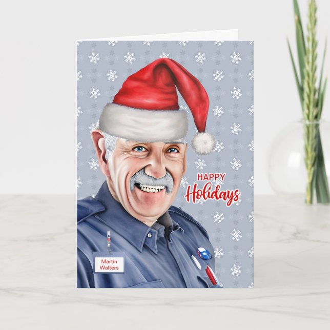 Male Postal Worker Christmas Custom Name Holiday Card (Front)