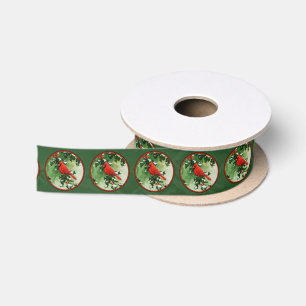 Male Red Cardinal and Holly Green Satin Ribbon
