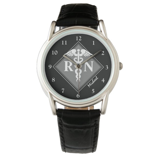 Male Registered Nurse Caduceus Black Personalised Watch (Front)