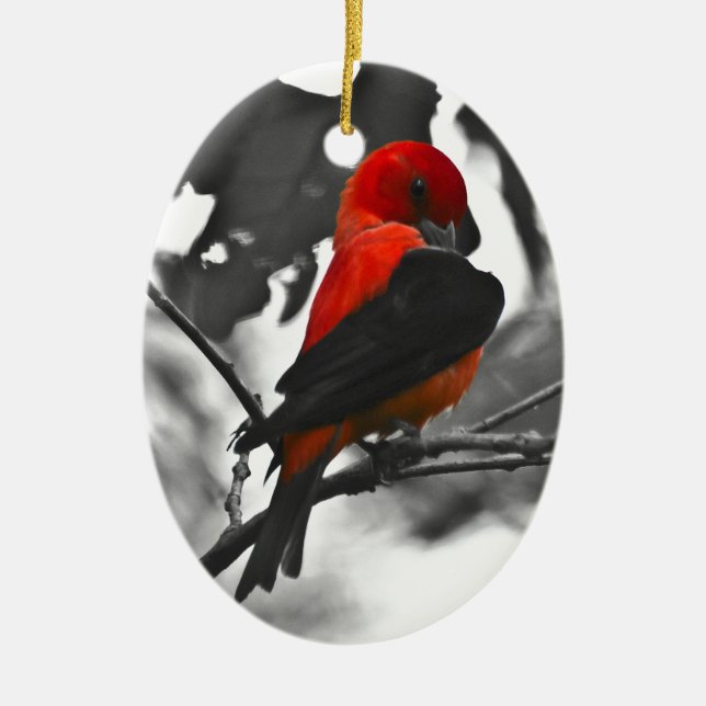 Male Scarlet Tanager Ceramic Tree Decoration (Front)