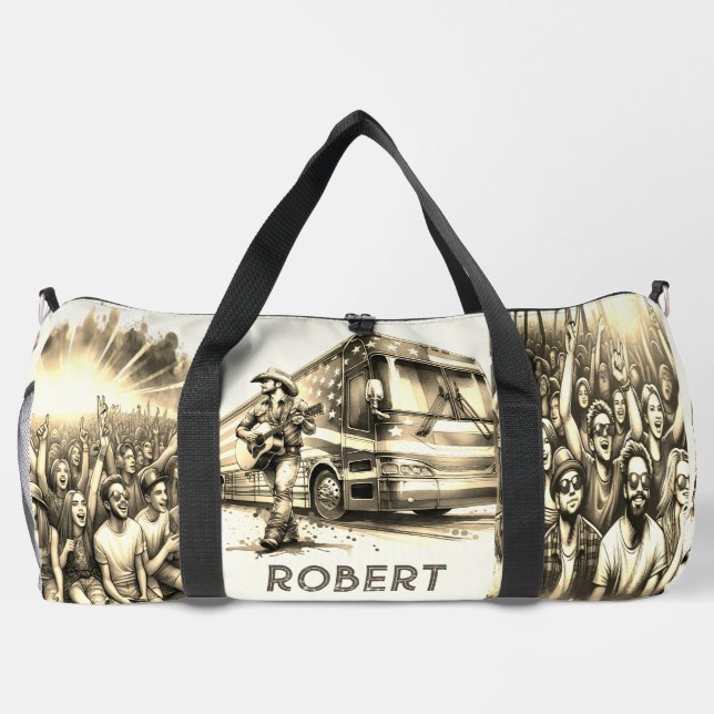 Male Singer With Guitar and Tour Bus Custom Duffle Bag (Back)