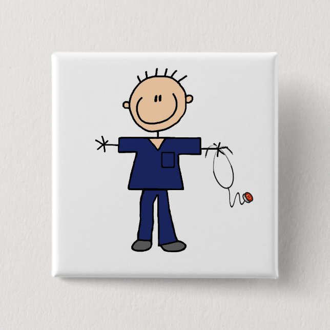 Male Stick Figure Nurse - Blue 15 Cm Square Badge (Front)