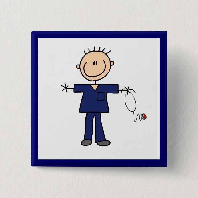 Male Stick Figure Nurse - Blue 15 Cm Square Badge (Front)