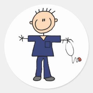 Male Stick Figure Nurse - Blue Classic Round Sticker