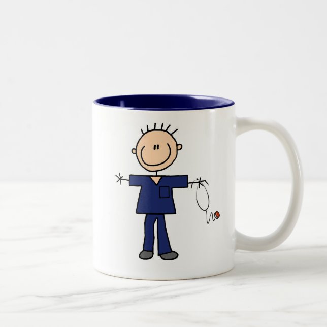 Male Stick Figure Nurse - Blue Two-Tone Coffee Mug (Right)