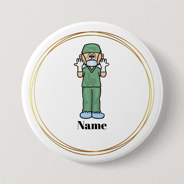Male Surgeon in Scrubs Name Button (Front)