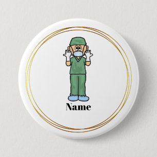 Male Surgeon in Scrubs Name Button