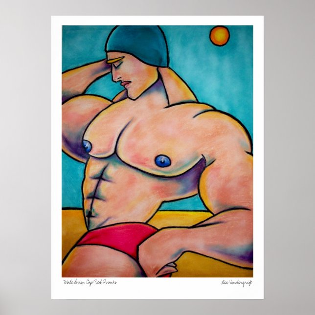 Male Swim Cap red trunks by Lee Vandergrift Poster (Front)