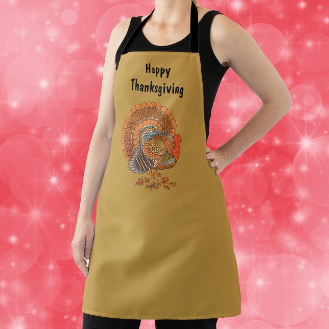 Male Thanksgiving Turkey Fanned Tail Dark Yellow Apron (Male turkey fanned tail in leaves on dark golden yellow Thanksgiving cooking apron.)
