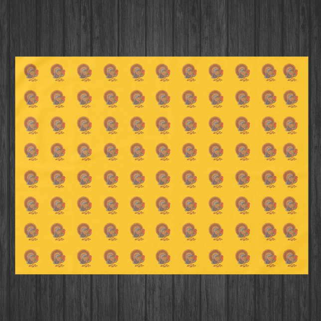 Male Thanksgiving Turkeys Fanned Tail Gold Tablecloth (Male turkeys fanned tails with orange brown feathers in leaves on golden Thanksgiving table cloths.)