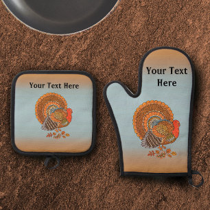 Male Turkey Colourful Feathers Fanned Tail Blue Oven Mitt & Pot Holder Set