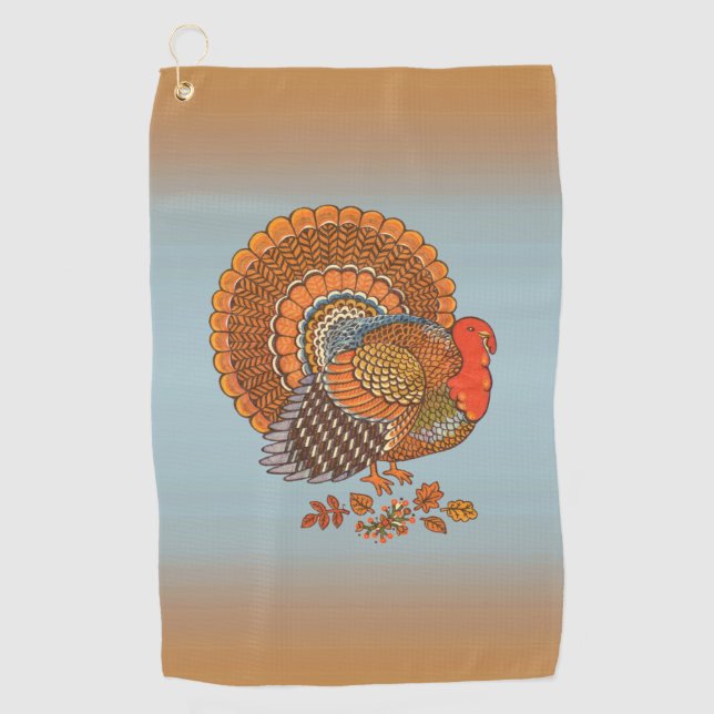 Male Turkey Colourful Feathers Fanned Tail Leaves Golf Towel (Front)