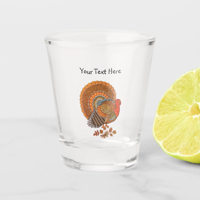 Male Turkey Colourful Feathers Fanned Tail Leaves Shot Glass (Front)