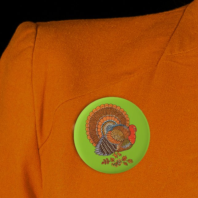 Male Turkey Colourful Feathers on Green 6 Cm Round Badge (Male turkey Autumn colors in leaves on green Thanksgiving round pin back button.)