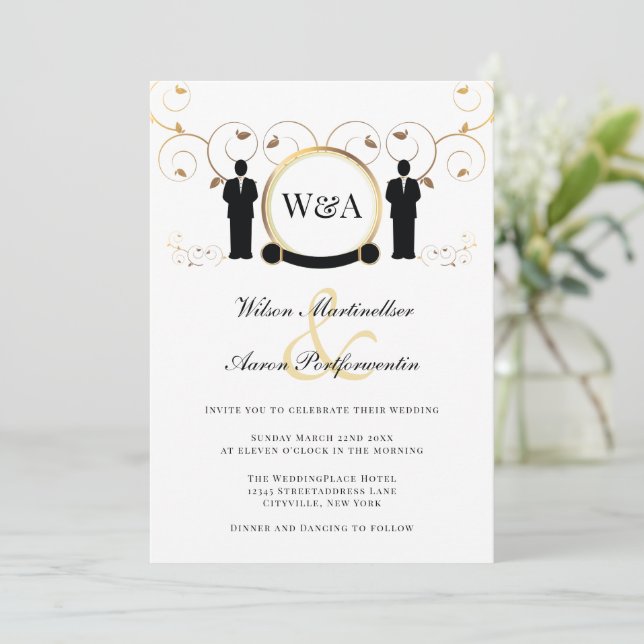 Male Wedding Gold Elegant Monogram LGBTQ Invitation (Standing Front)