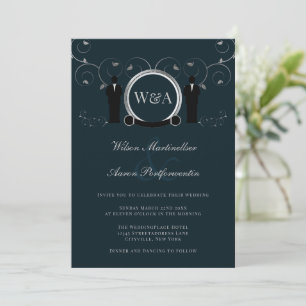 Male Wedding Silver Blue Elegant Monogram LGBTQ Invitation