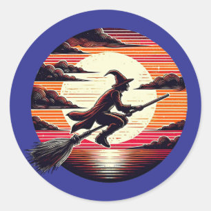 Male Witch riding Broom in sunset art illustration Classic Round Sticker