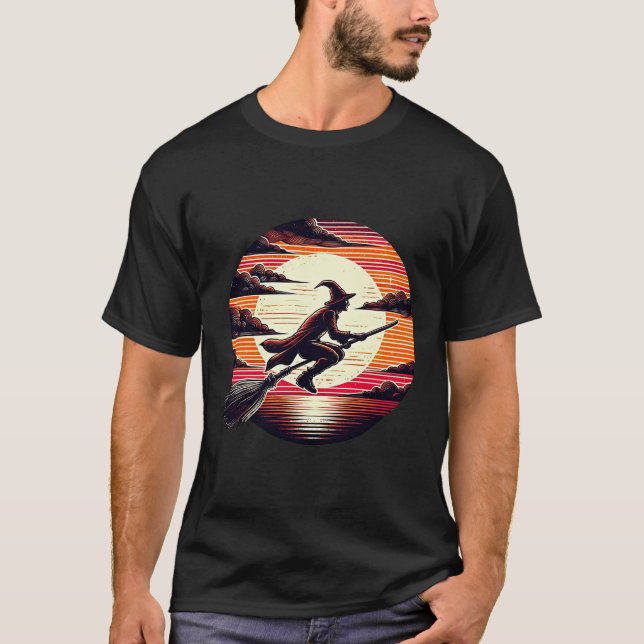 Male Witch riding Broom in sunset art illustration T-Shirt (Front)