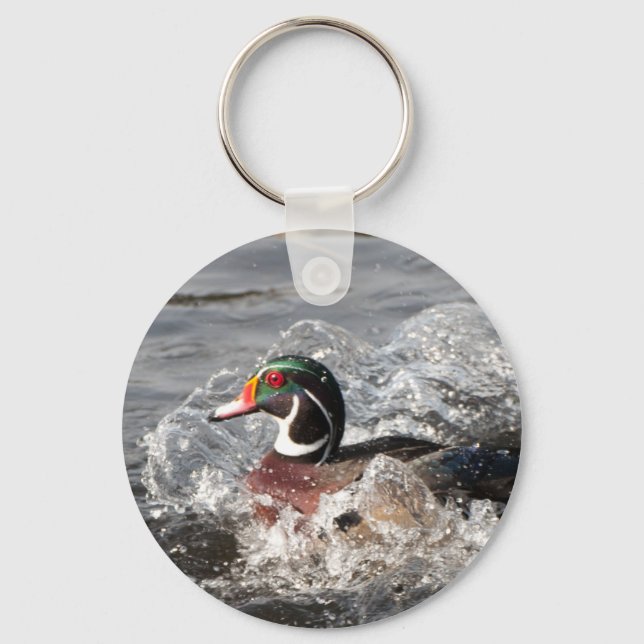 Male Wood Duck Making a Splash Key Ring (Front)