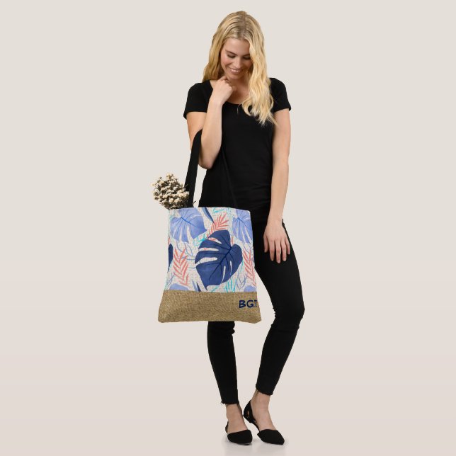 Maleah Monstera Tropical Hawaiian Colorblock-Blue Tote Bag (On Model)