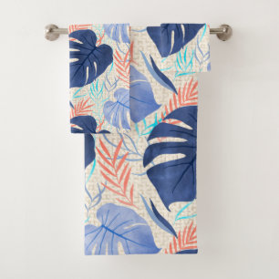 Maleah Monstera Tropical Hawaiian Watercolor- Blue Bath Towel Set