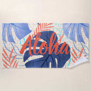 Maleah Monstera Tropical Hawaiian Watercolor- Blue Beach Towel