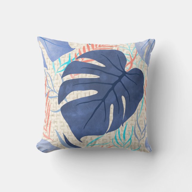 Maleah Monstera Tropical Hawaiian Watercolor- Blue Cushion (Front)