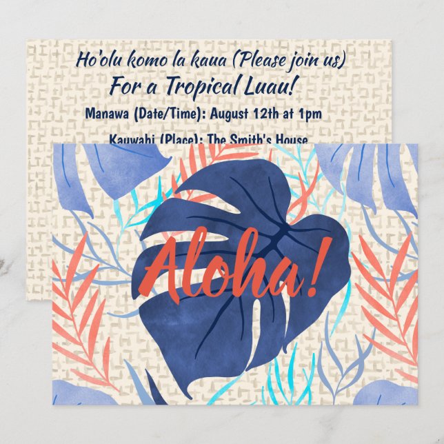 Maleah Monstera Tropical Hawaiian Watercolor- Blue Invitation (Front/Back)