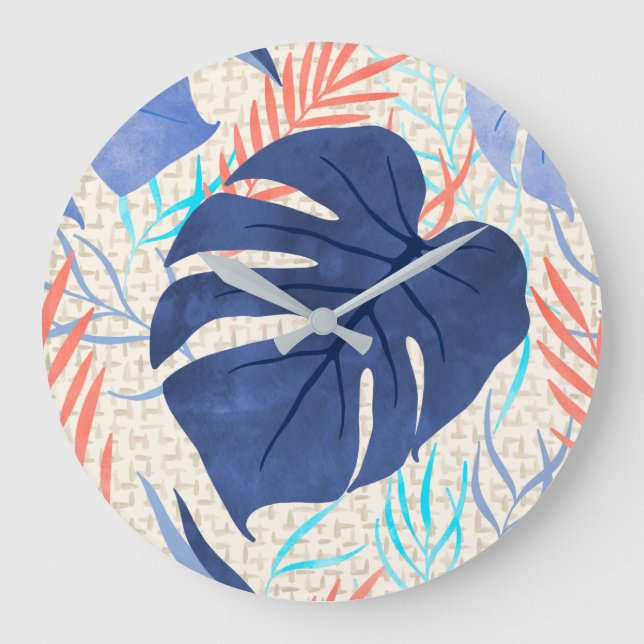 Maleah Monstera Tropical Hawaiian Watercolor- Blue Large Clock (Front)