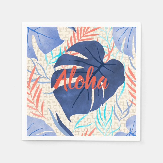 Maleah Monstera Tropical Hawaiian Watercolor- Blue Napkin (Front)