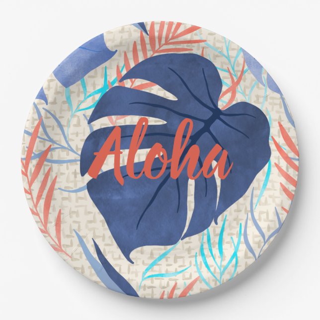Maleah Monstera Tropical Hawaiian Watercolor- Blue Paper Plate (Front)