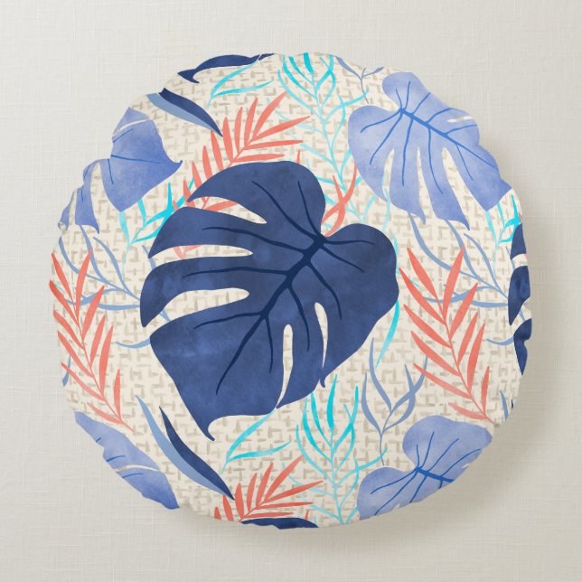 Maleah Monstera Tropical Hawaiian Watercolor- Blue Round Cushion (Front)