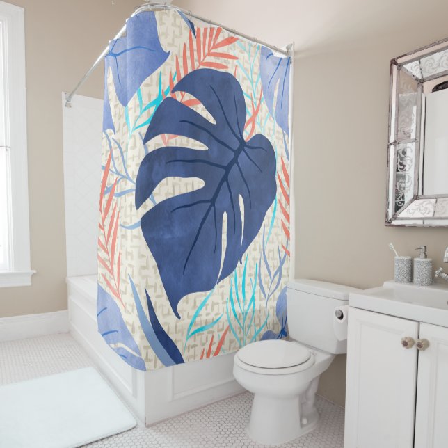 Maleah Monstera Tropical Hawaiian Watercolor- Blue Shower Curtain (In Situ)