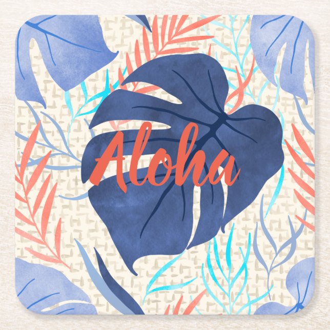 Maleah Monstera Tropical Hawaiian Watercolor- Blue Square Paper Coaster (Front)