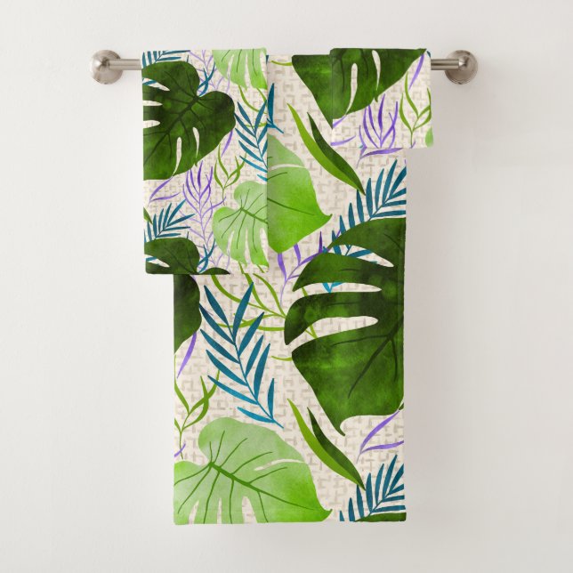 Maleah Monstera Tropical Hawaiian Watercolor-Green Bath Towel Set (Insitu)