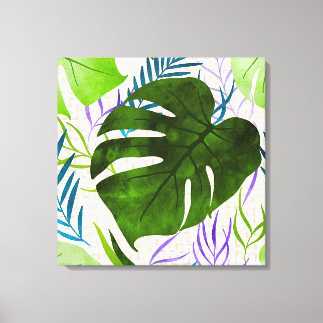 Maleah Monstera Tropical Hawaiian Watercolor-Green Canvas Print (Front)