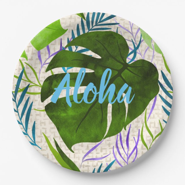 Maleah Monstera Tropical Hawaiian Watercolor-Green Paper Plate (Front)