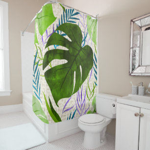 Maleah Monstera Tropical Hawaiian Watercolor-Green Shower Curtain