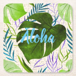 Maleah Monstera Tropical Hawaiian Watercolor-Green Square Paper Coaster