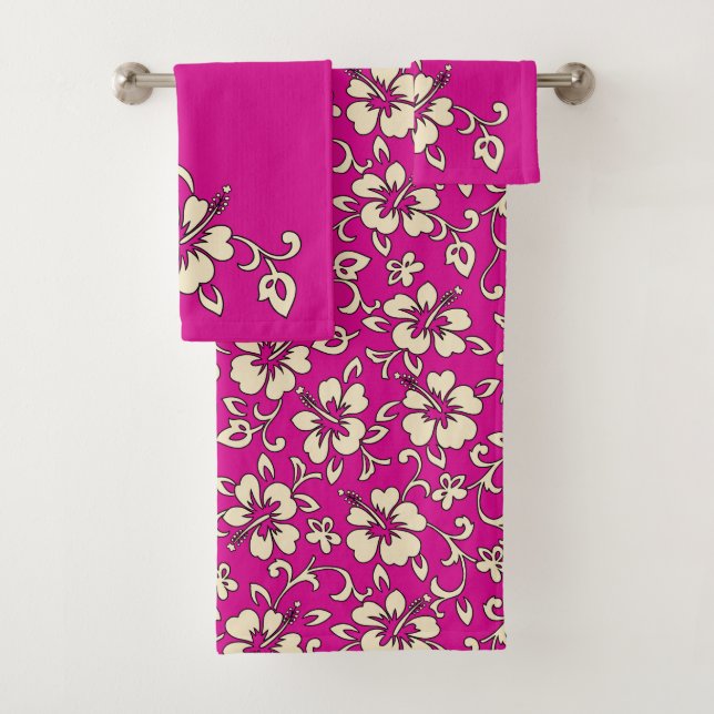 Malia Hawaiian Hibiscus Floral Coordinate -Magenta Bath Towel Set (Insitu)