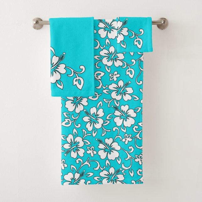 Malia Hawaiian Hibiscus Floral Coordinate - Turq Bath Towel Set (Insitu)