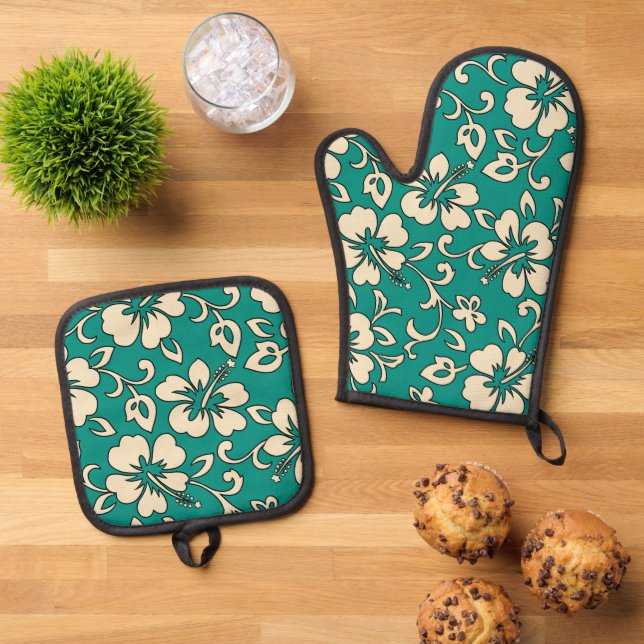 Malia Hawaiian Hibiscus Floral Jade Oven Mitt & Pot Holder Set (Top Down)