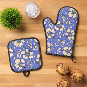 Malia Hawaiian Hibiscus Floral Periwinkle Oven Mitt & Pot Holder Set