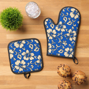 Malia Hawaiian Hibiscus Floral Royal Oven Mitt & Pot Holder Set