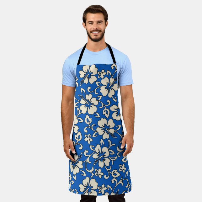 Malia Hibiscus Hawaiian Royal and Cream Apron (Worn)