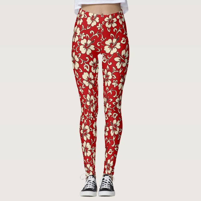 Malia Hibiscus Hawaiian Tropical Floral Leggings (Front)