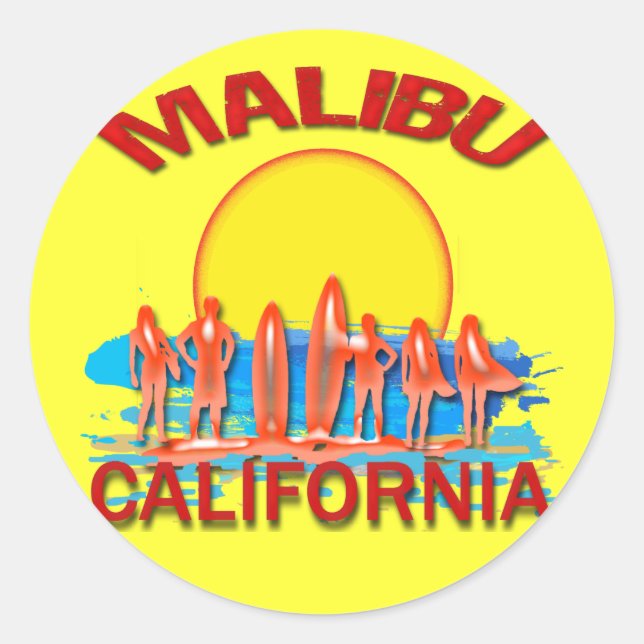 MALIBU BEACH CALIFORNIA CLASSIC ROUND STICKER (Front)