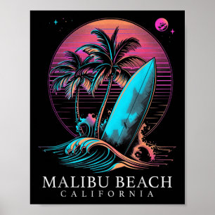 Malibu Beach California Surf Board Vintage Surfing Poster